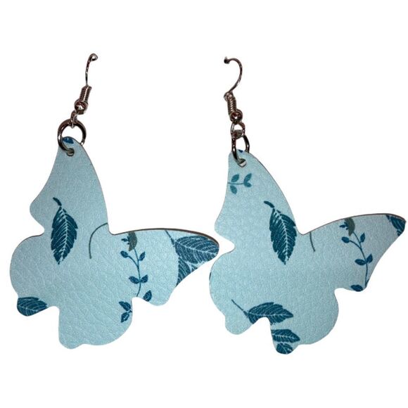 ☀️3/$12☀️Blue Faux Leather Spring Butterfly Earrings (SILVER) - Picture 1 of 5